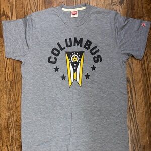 HOMAGE Gray Columbus Short Sleeve Tee with Yellow and Black Design